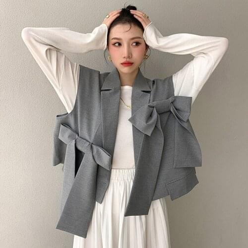 Women Fashion Gray Bow Short Suit Vest Jacket Notched Collar Sleeveless Blazers Tops Loose Casual Veste Femme Spring Autumn 2021