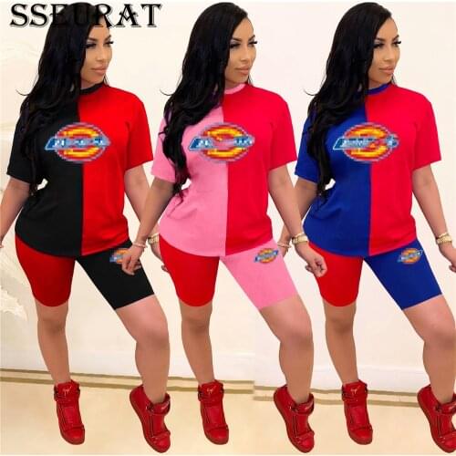 SSEURAT Women Sport Patchwork Two Piece Set T-shirt Tops Knee Length Jogger Sweatpant Suit Summer Outfits