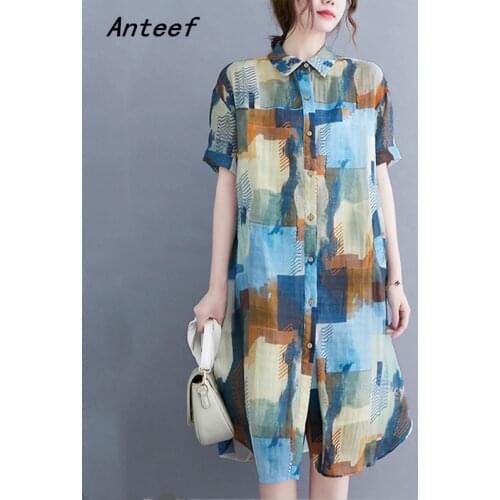Anteef short sleeve cotton linen vintage dresses for women casual loose midi woman summer shirt dress elegant clothes 2021