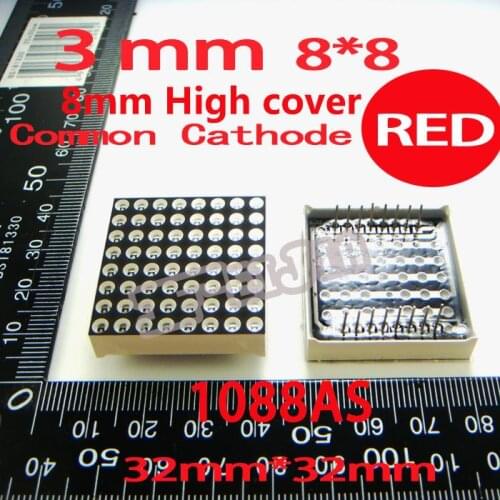 10PCS/LOT 3MM 8X8 Red 8MM High Cover Common Cathode 32*32 LED Dot Matrix Digital Tube Module 1088AS Advertising Lights