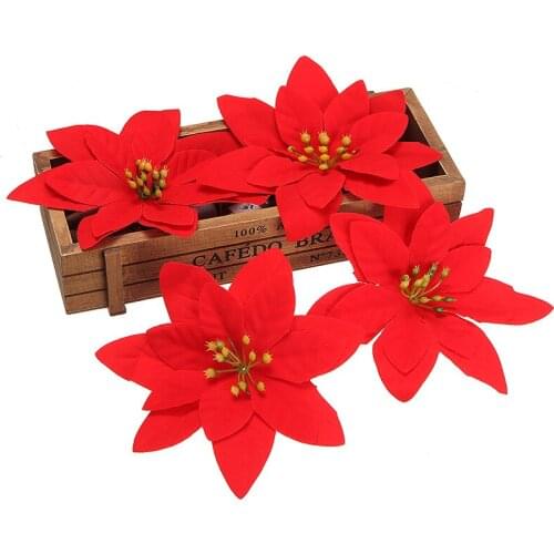 10pcs/pack Red Silk Flowers Christmas Artificial Glitter Silk Flowers For Home Wall Xmas Tree Hanging Pendant Ornament Decor