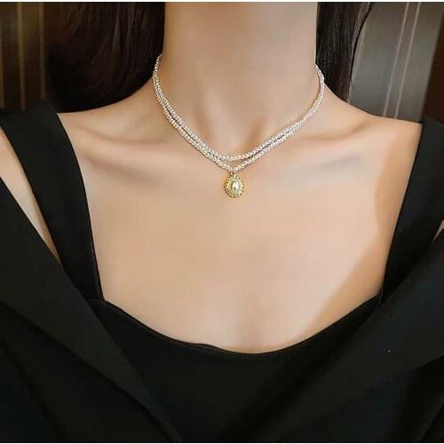 DAXI 2021 Vintage Style Pearl Choker Necklace Noble Double Layer Chain Pendant For Women Jewelry Girl Gift