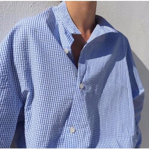 [ElfStyle] - Blue Noma Asymmetric gingham cotton Shirt top Stand Collar Button UP oversized Shirt Blouse For woman