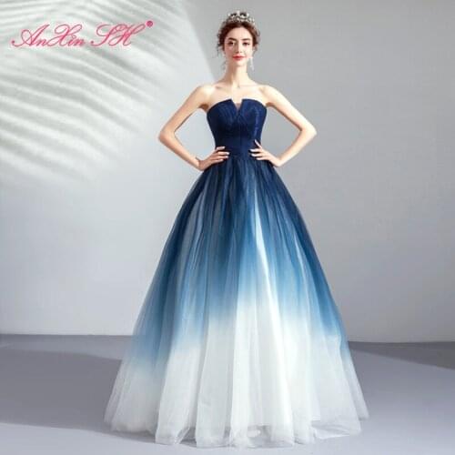 IAXJFU princess blue and white lace evening dress vintage Strapless Sleeveless blue and white lace luxury evening dress 9611