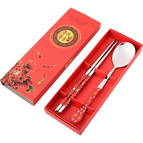 Chinese Style Chopsticks Spoon Fork Stainless Steel Reusable Kitchen Food Sticks Personalized Patterns For Children Gift