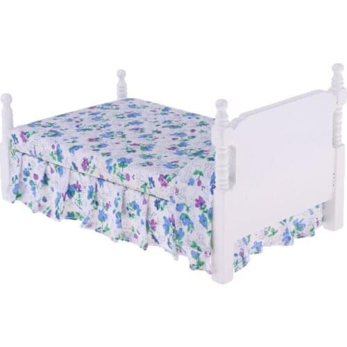 Miniature Dollhouse Blue Floral Single Bed Furniture Queen Bed for 1/12 Scale