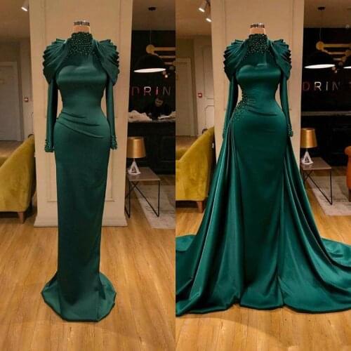 Hunter Green Muslim Prom Dresses with Detachable Train 2021 Beaded Long Sleeve Caftan Robes Arabic Evening Dress