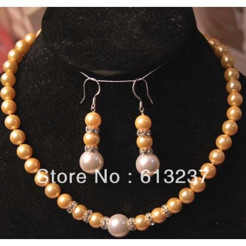 Wholesale price new fashion 8-12mm yellow simulated-pearl shell round beads rope necklaces earring jewelry set 18inch YE00013