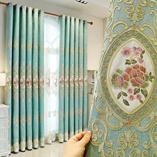 European Luxury Embroidered Floral Curtains for Bedroom Emerald Green Chenille Villa Parlor Sliding Glass Door Drapes