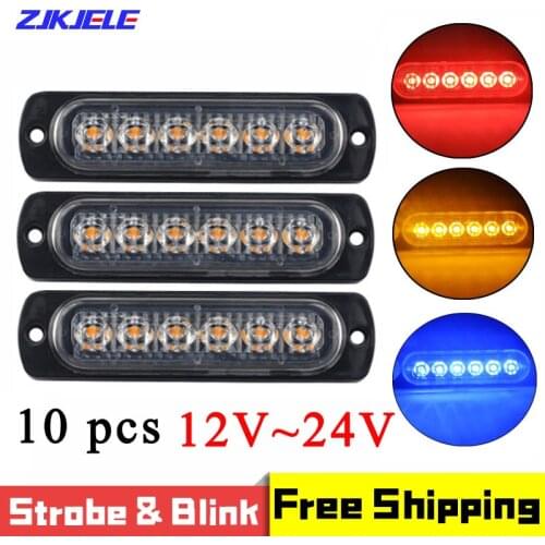 10 Pcs LED Emergency Warning Lights Amber Strobe Car Van Truck Pickup Motorcycle 12-24V 6LED Waterproof Car-Styling Alarm Lamp