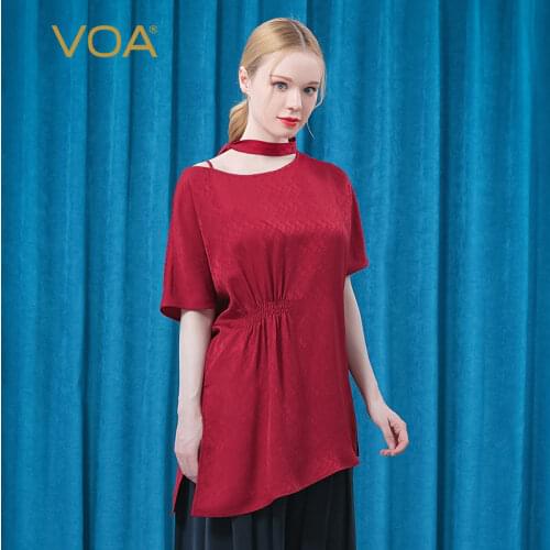 VOA 22m/m Red Silk Jacquard Diagonal Collar Strap Asymmetric Waist Elastic Contraction Simple Fashion T-shirt for Women BE593