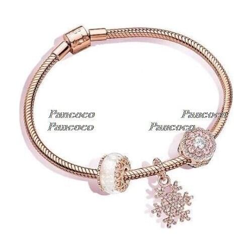925 Sterling Silver Rose Gold Snowflake With Crystal Pendant Beaded Bracelet For Women Wedding Gift Pandora Jewelry