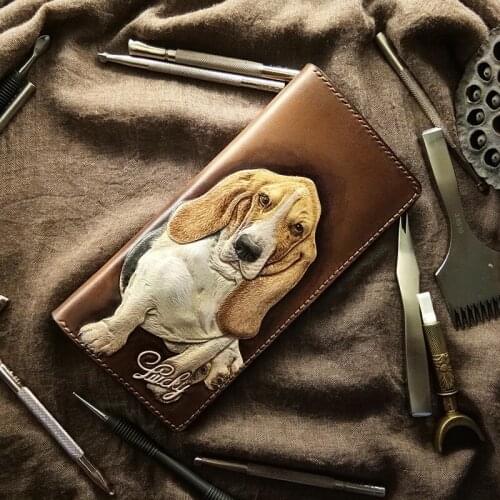 Handmade Ladies Lovely Pet Dog Wallets Purses Women Men Long Clutch Vegetable Tanned Leather Wallet Card Holder Gifts