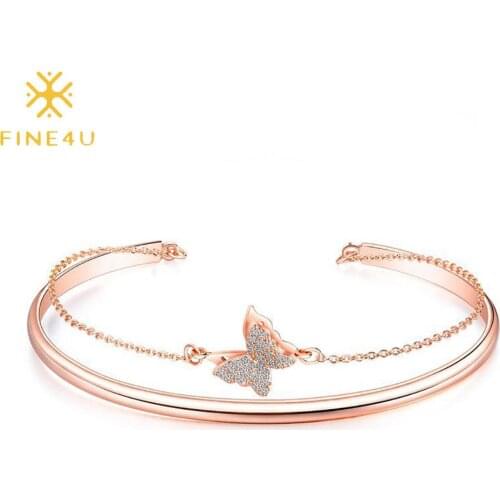 FINE4U B495 Womens Multi-Layers Link Chain and Cuff Bracelet CZ Crystal Cute Butterfly Charm Bracelet for Women Girls