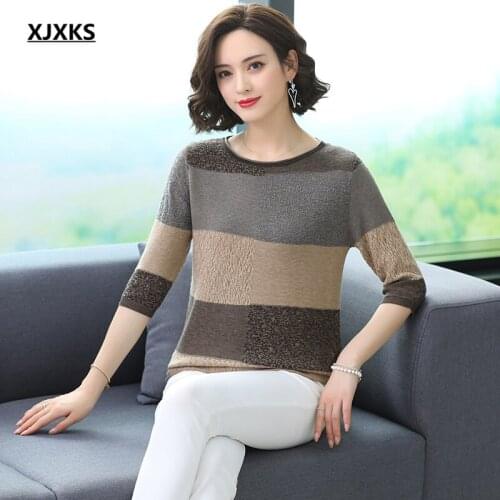 XJXKS Round neck three-quarter sleeve women thin sweater 2021 fall new fashion striped pullover women wool sweater