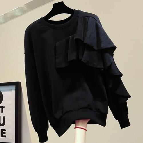 Ruffled Patchwork Sweatshirt Womens New Korean Style Loose All-Matching Round Neck Pullover Long Sleeves Outerwear Hoodie Top