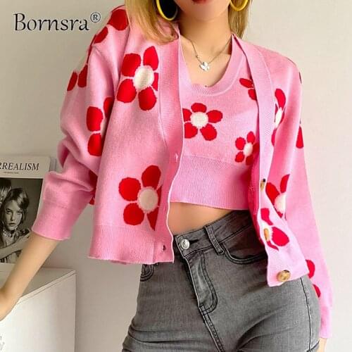 Bornsra Autumn/Winter Womens Style Long-sleeved Breasted V-neck Jacquard Knitted Jacket Blouse + Flower Jacquard Knitted Vest