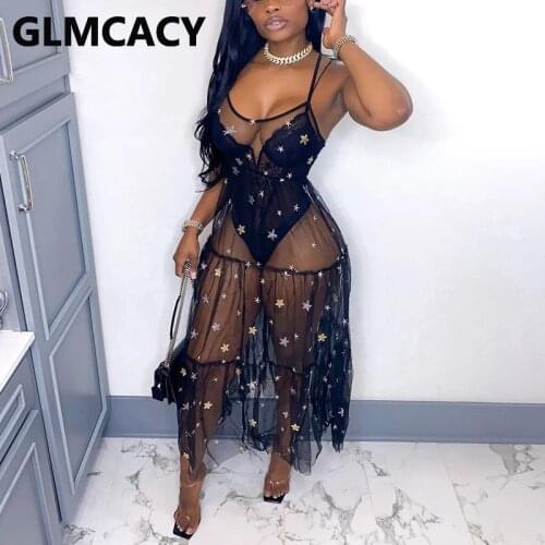 Women Spaghetti Strap Star Stamped See Through Maxi Dress