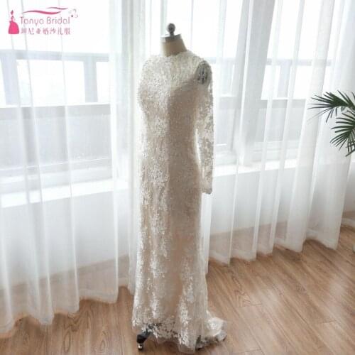 Muslim Long Sleeves Wedding Dresses Lace Pearls Light Champagne Lining Bridal Dress Detachable Train Vintage Bride Gown DQG381