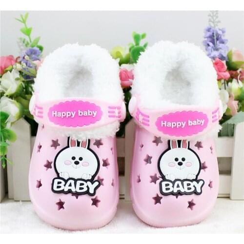 Winter Kids Clogs Warm Fur Childrens Indoor Shoes Home Hole Mules Navy Cute Pins Sandal EVA Flat Kid Shoes