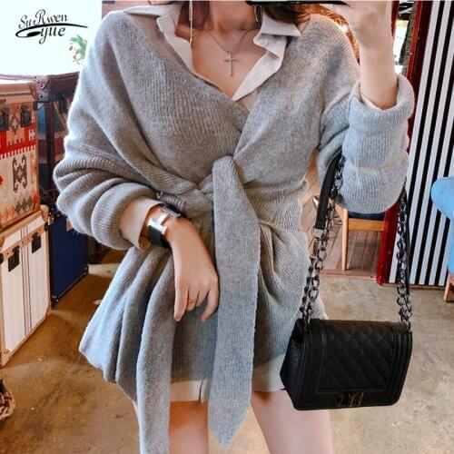 Winter new womens loose sweater V-neck fashion tie waist solid color all-match knitted sweater bottoming top 16546