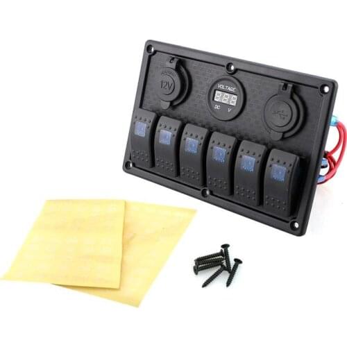12V-24V DC 6 gang Waterproof marine blue led switch panel with power socket voltmeter and USB