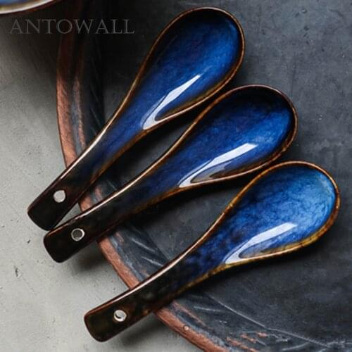 3pcs Dim blue series tableware dessert spoon porridge soup spoon ceramic colored glaze household spoon