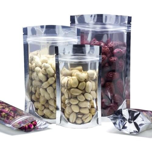 Various Sizes 50Pcs Clear Front Silver Stand up Aluminum Foil Zip Lock Bag Heat Sealable Plastic Packaging Pouch for Food Tea
