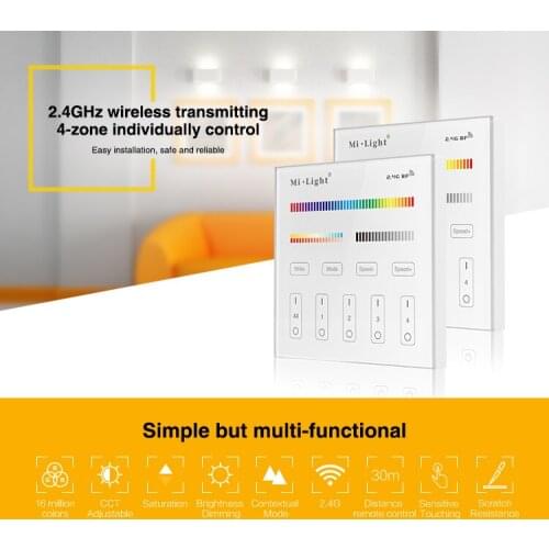 Free shipping Milight T4 AC220V 4-Zone RGB+CCT Smart Touch Panel Remote Controller for led strip light tape ribbon lamp or bulb