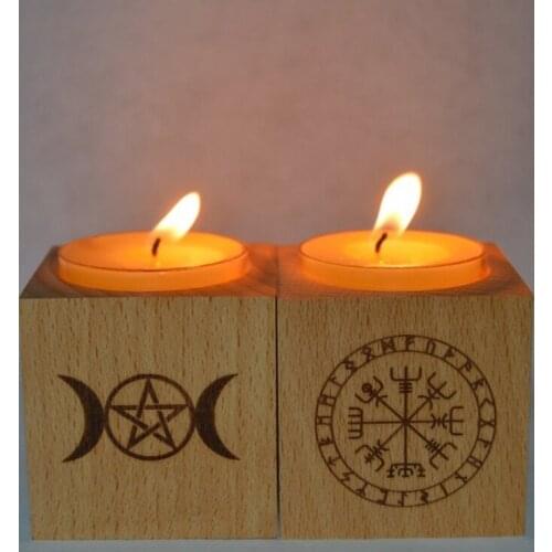 448D Wood Altar Candle Holders Wooden Candlestick Triple Moon Runes Ritual Light Holders Witchcraft Supplies