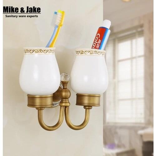 Brass antique crystal double cup holder toothbrush Antique Brass Double Tooth Brush Holder Bathroom Cup Holder Toothbrush Holder