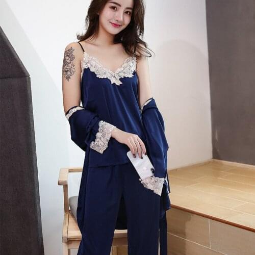 Womens Pajamas Sets Summer Sling Nightgown & Sleepstirts Full Length Home Wear Lace Sexy Sleepwear Ice Nightwear 3Pcs Suit