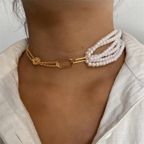 EN Steampunk Unique Chunky Thick Twist Chain Female Charm Necklace New Gothic Multi Layered Imitation Pearl Pendant Necklace