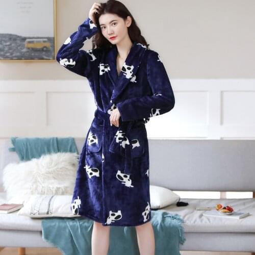 Soft Blue Robes Women Long Bathrobe Cow Printed Flannel Winter Warm Kimono Bath Robe Sleepwear Dressing Gown Female Nightwear