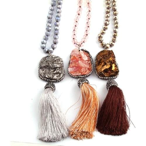 Fashion Bohemian Tribal Jewelry Long Crystal knotted long Halsband 5X8 Glass Crystal Natural Druzy & Tassel Necklace