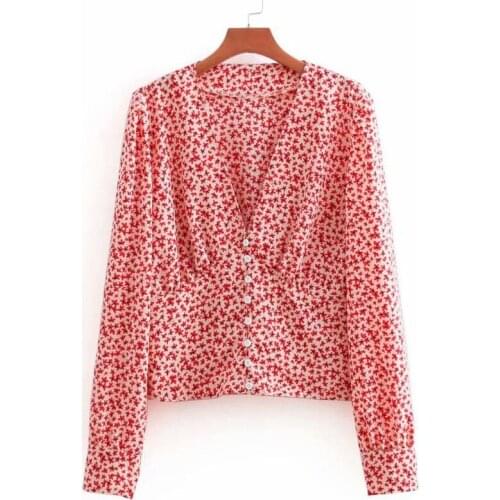 Fashion Womens Shirts Blouse 2020 Summer New Retro V-neck Single-breasted Long Sleeve Floral Print Shirts Female Tops A2145