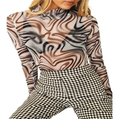 NEW Women Sexy See-Through Mesh T-shirt Ladies Slim-fit Printed Long Sleeve Stand Collar Tee Top Fashion Casual Slim Pullover