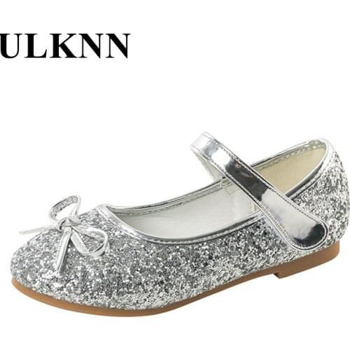ULKNN 2020 New Girls Leather Shoes Pink Bowknot Princess 'shoes Sequins Kids Flats Cuhk Childrens Dance Shoes Size 24-37