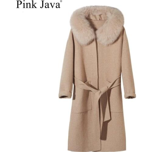 Pink java QC19055-2 new arrival hot sale real fox fur collar wool coat carshmere coat women coat fashion wholesale