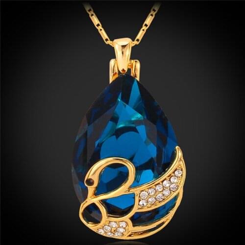 Blue/Red Swan Pendant Necklace Gold Color Fashion Austrian Rhinestone Statement Women Necklace Synthetic Jewelry P489