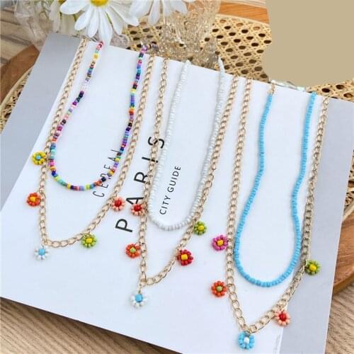 2 Pcs/Set Multicolor Beaded Necklaces For Women Bohemian Metal Chain Handmade Beads Flower Necklace Jewelry layered necklace