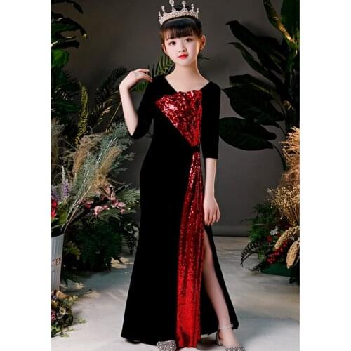 Girls Sexy Sequins Mermaid Dress V-Neck Backless Princess Gown Wedding Birthday Party Dress For Girls Vestidos Costume L612