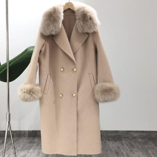 MENINA BONITA Real Fur Coat Winter Jacket Women Natural Fox Fur Collar Cashmere Wool Blends Long Outerwear Ladies Streetwear