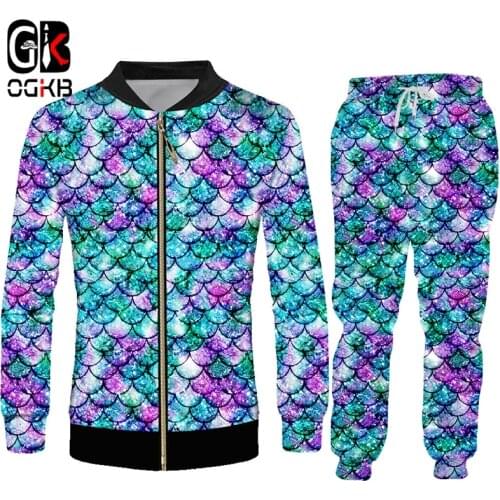 OGKB Fish Scale Tracksuit Set 3D Jacket And Joggingpants Suit 3D Print Hip Hop Streetwear Punk Sportswear Oversize 6XL