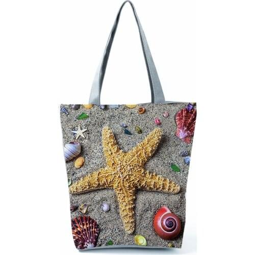 Sandy Beach Starfish Printed Womens Bag Pretty Fashion Handbags Eco Portable Shopping Bag High Capacity Practical Shopping Bag