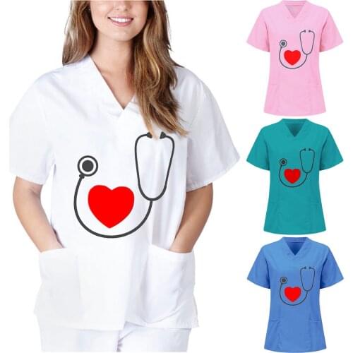 Women Short Sleeve V-neck Loose Working Uniform Love Heart Printing Daily Shirt Comfortable Working Uniform T-Shirt Carer Top