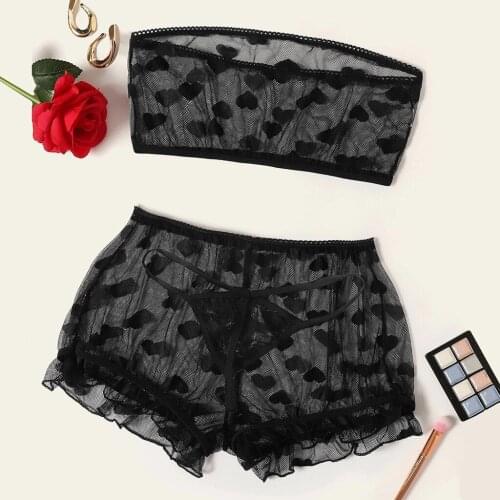 Womens Suit Tube Top Shorts Pajamas Thong Heart Pattern Frill Trim Sheer Sexy Lingerie Pyjamas Womens Underwear Pajama Sets