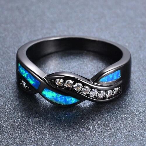 Boho Female Small Stone Ring Vintage 14KT Black Gold Cross Wedding Rings For Women Promise White Blue Opal Engagement Ring