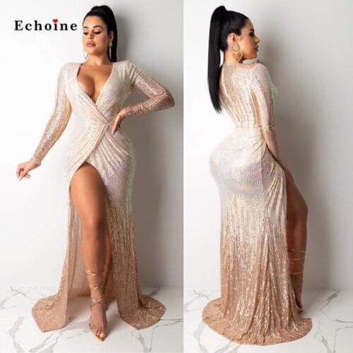 Women Sequin Dazzling Party Dress Long Sleeve Sexy V-Neck Overlay Ladies Elegant Vestido High Split Floor-Length Evening Clothes