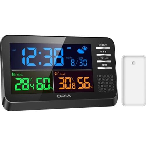 ORIA Wireless Weather Station Digital Color Forecast Station Alarm Clock Temperature and Humidity Monitor Indoor Outdoor
